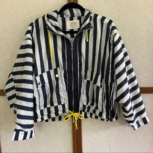 ASHLEY by 26 International Navy Striped Boxy Hooded Zip Utility Jacket - Picture 1 of 9